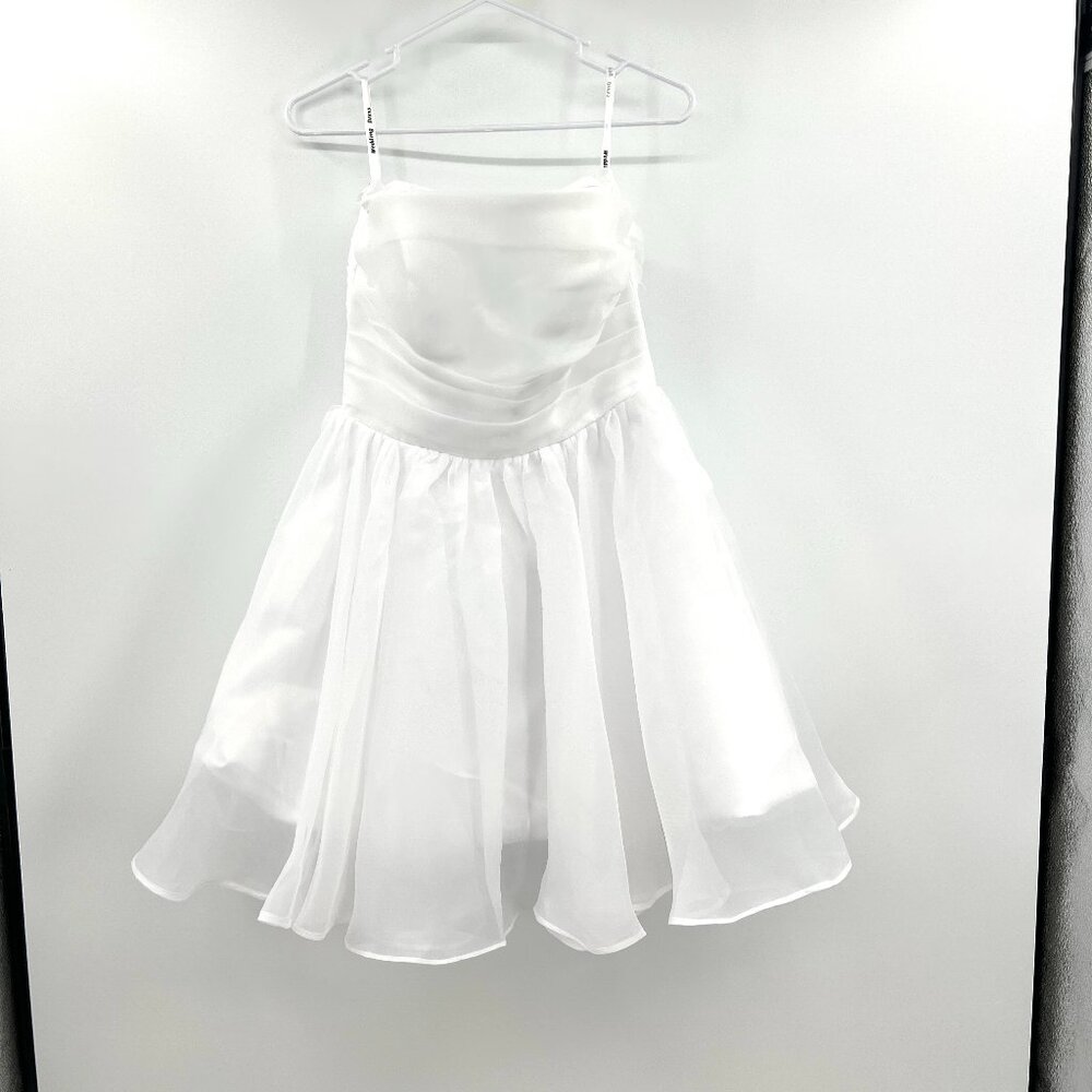 White Chiffon Strapless Mini Dress With Optional Bow Sleeves Size 8